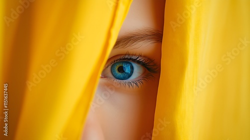 Obraz na płótnie Close-up of a female yellow eye peeking through a yellow curtain. Fear, mental health concept. w salonie