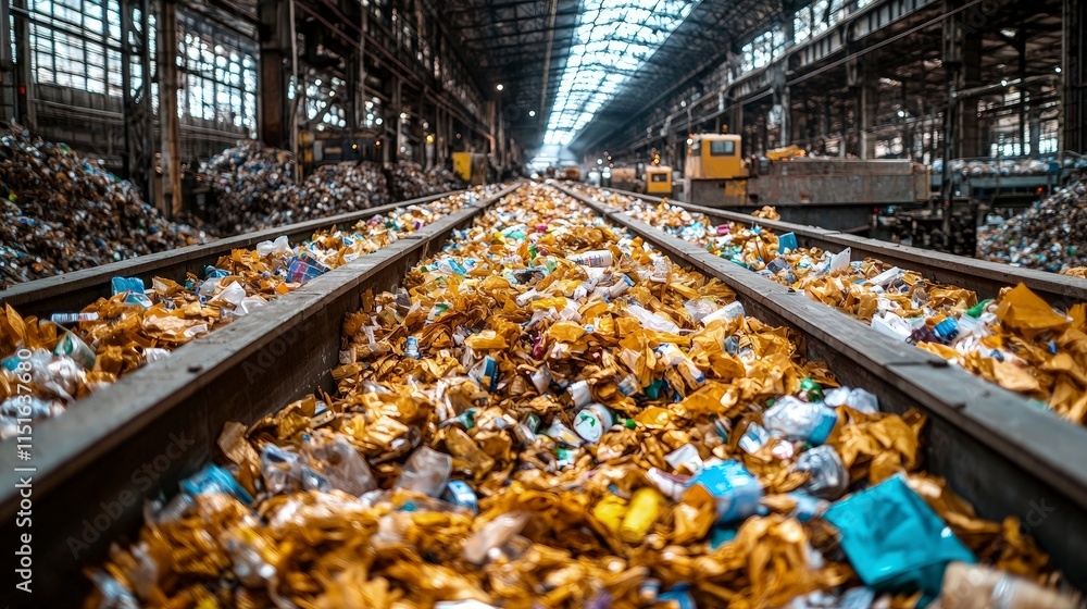 Conveyor belts transport mixed waste through a recycling facility. The waste includes plastics, paper, and other materials awaiting sorting and processing for reuse. Conveyor belts transport mixed waste through a recycling facility. The waste includes plastics, paper, and other materials awaiting sorting and processing for reuse.