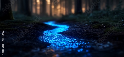 Glowing stream in a serene forest setting.