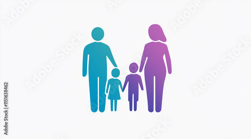 Logo design featuring simple shapes in purple and blue, with a green family figure, set against a clean white background. Includes modern, minimalistic style with a focus on family