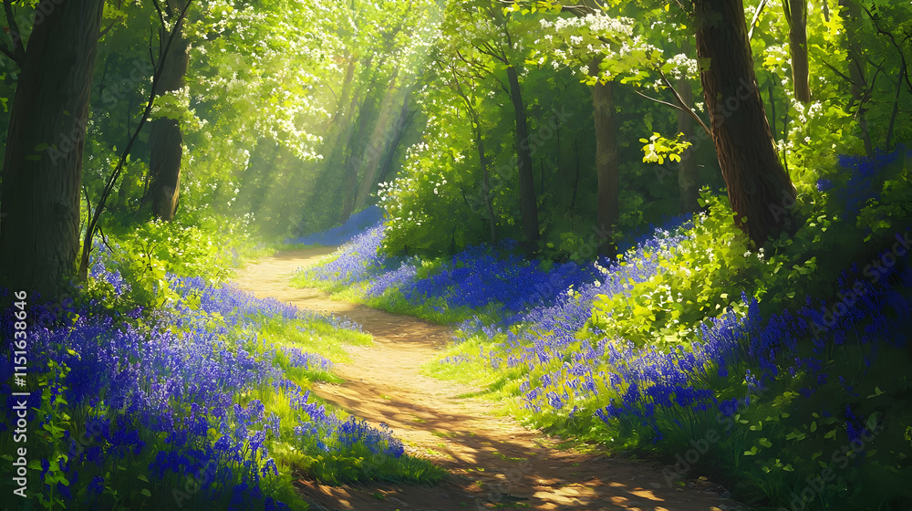 Obraz premium Sunlit Path Through Bluebell Woods: A Springtime Landscape