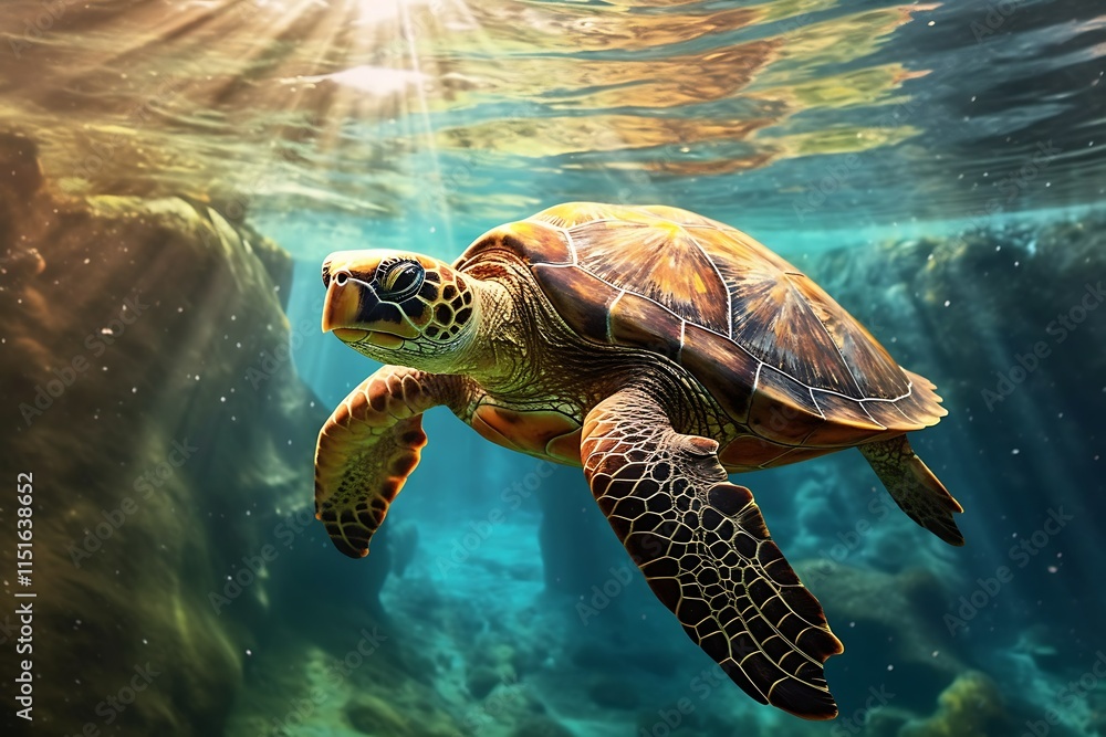 Fototapeta premium Underwater sea turtle swimming gracefully in sunlit ocean, near rocks.
