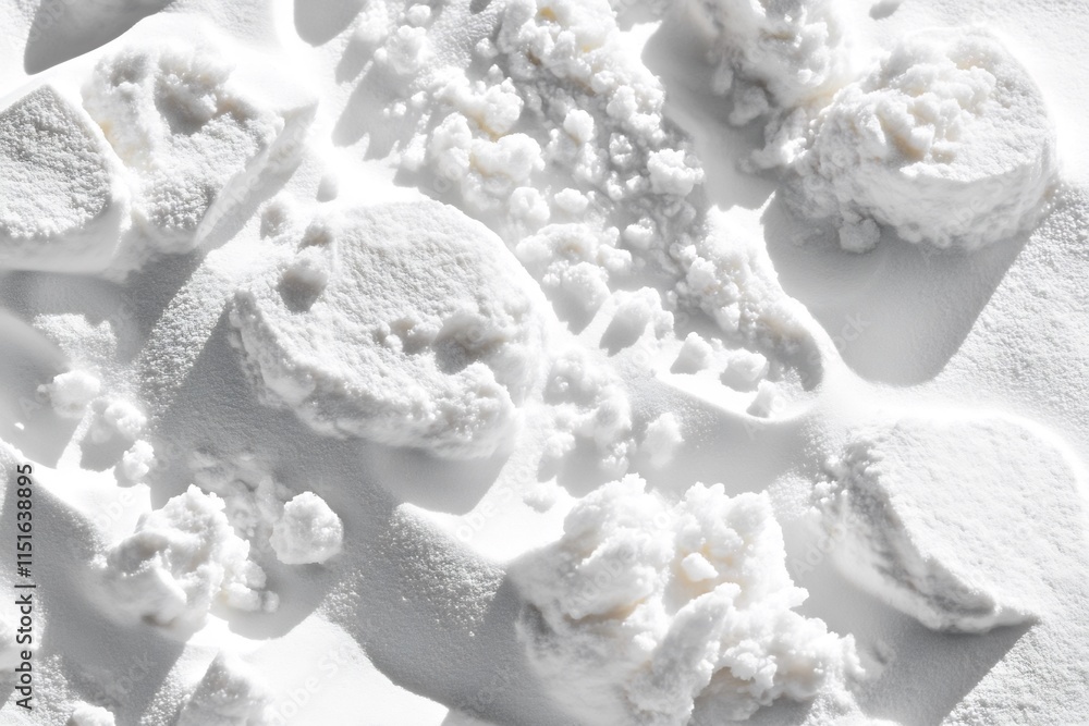 Close-up shot of white powder, textured surface, luminous and bright, scattered lumps and fine grains, creating a visually appealing image Close-up shot of white powder, textured surface, luminous and bright, scattered lumps and fine grains, creating a visually appealing image