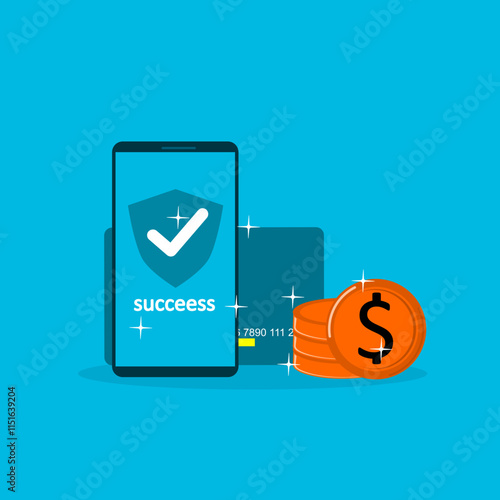 Illustration of an ATM card as a storage area and a cellphone that provides notifications. Modern Flat Design
