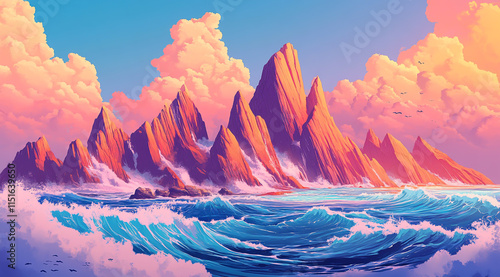 Majestic mountains, vibrant sea waves, a colorful sky with clouds, a fantasy landscape photo