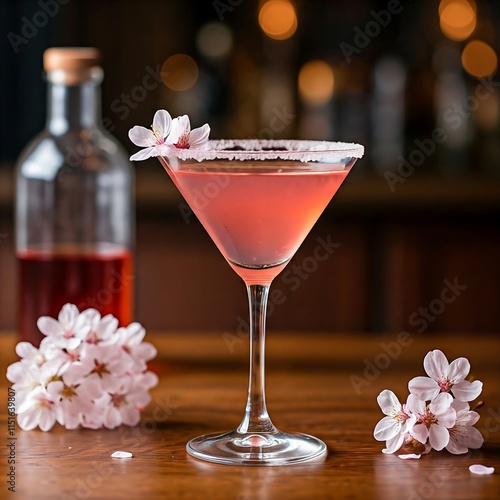 A light pink martini garnished with edible cherry blossoms, evoking the beauty of spring blooms, cherr blossom, pink martini, spring cocktail, floral garnish, Sakura drink, edible flowers, luxury cock