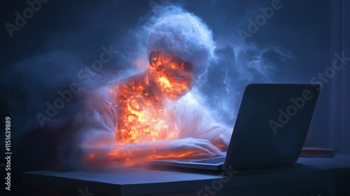 Individual engrossed in laptop work with an artistic display of fire and smoke effects