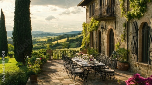 Stone house patio; scenic view, elegant table setting.