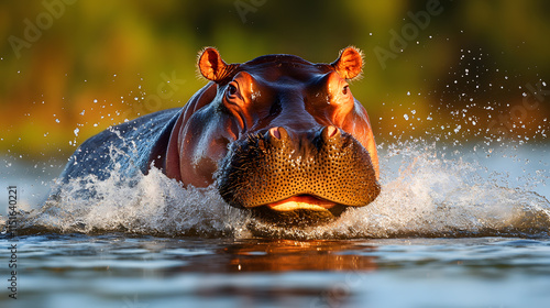 A horizontal, color photograph of a large hippo, Hippopotamus amphibius, swimming and splashing water into its open mouth at Djuma Private Game Reserve, South Africa. photo