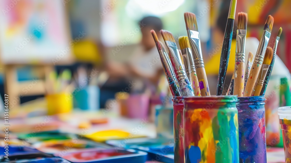 Vibrant paintbrushes in a colorful jar, a creative art st Vibrant paintbrushes in a colorful jar, a creative art st