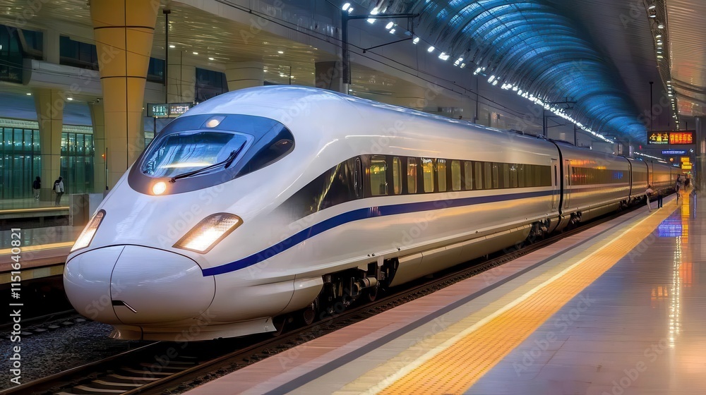 Modern High-Speed Train at Urban Platform Surrounded by Stylish Architecture and Bright Lights in a Busy Transportation Hub Modern High-Speed Train at Urban Platform Surrounded by Stylish Architecture and Bright Lights in a Busy Transportation Hub