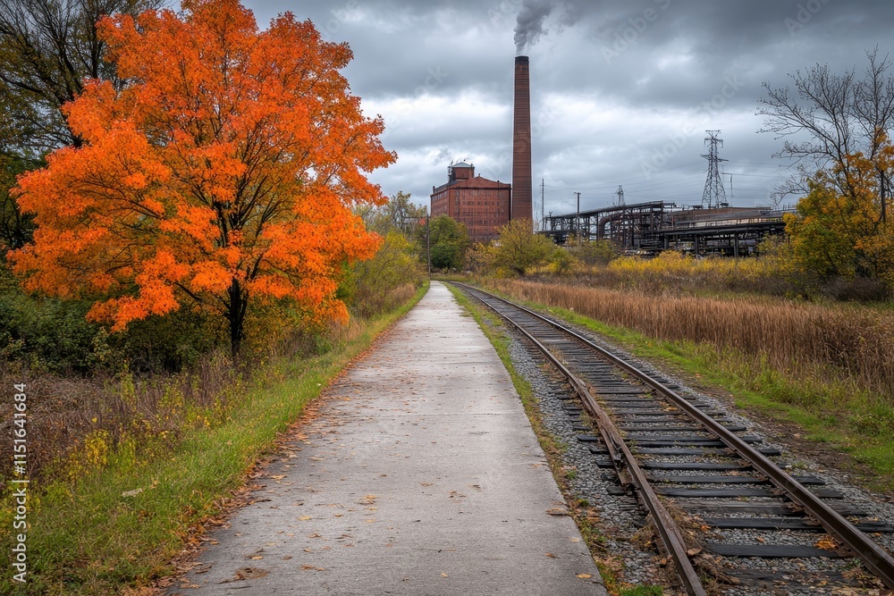 Scenic Autumn Pathway with Vibrant Orange Tree Alongside Abandoned Railroad Track and Industrial Smoke Stack Under Dramatic Gray Sky Scenic Autumn Pathway with Vibrant Orange Tree Alongside Abandoned Railroad Track and Industrial Smoke Stack Under Dramatic Gray Sky