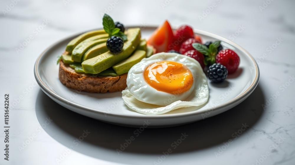 A vibrant breakfast toast topped with avocado slices, a sunny-side-up egg, blueberries, and strawberries, served on a white plate A vibrant breakfast toast topped with avocado slices, a sunny-side-up egg, blueberries, and strawberries, served on a white plate