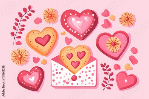 Valentine's Day background with heart-shaped cookies, envelope, flowers on pink backdrop. chocolate for greeting card template. 