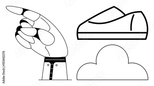 Hand pointing right, minimalist shoe, and cloud symbols. Ideal for direction, guidance, travel, aspirations, navigation, journey, dreams. Line metaphor