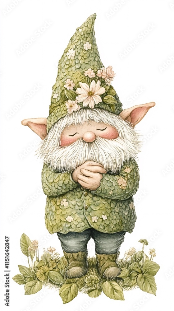 Naklejka premium A watercolor illustration of a garden gnome dressed in a leafy green outfit adorned with flowers, standing peacefully among plants with hands clasped in a serene pose