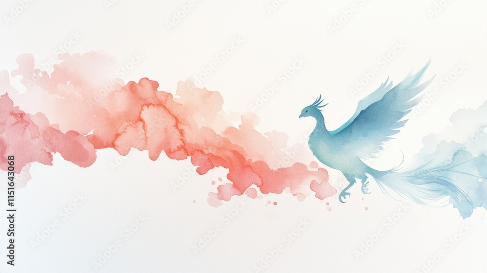 Fototapeta premium Watercolor illustration of a mythical bird soaring with colorful clouds.