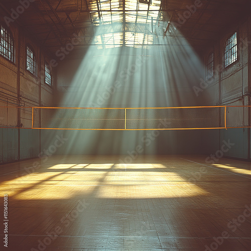 A volleyball net with sunlight streaming through in an empty court photo