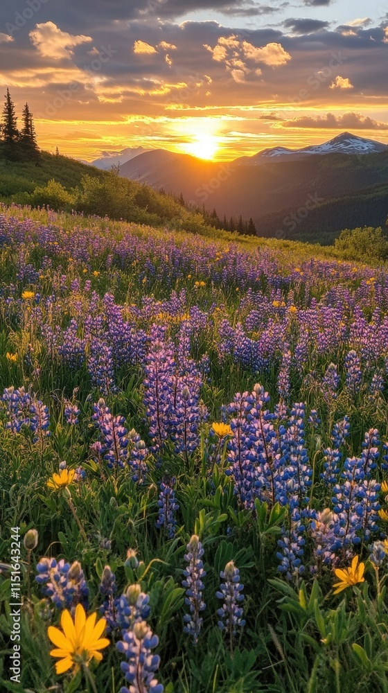 Obraz premium Serene Sunset Over Flowering Meadow with Mountains in the Background