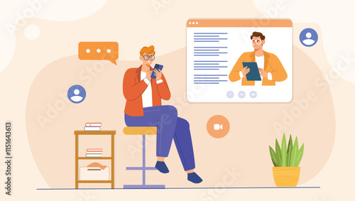An illustration depicting an online chat and video collaboration scene, featuring multiple participants engaged in a video call with a split-screen layout