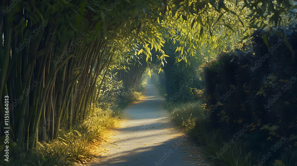 Obraz premium Sunlit Path Through a Bamboo Forest: A Serene Nature Escape
