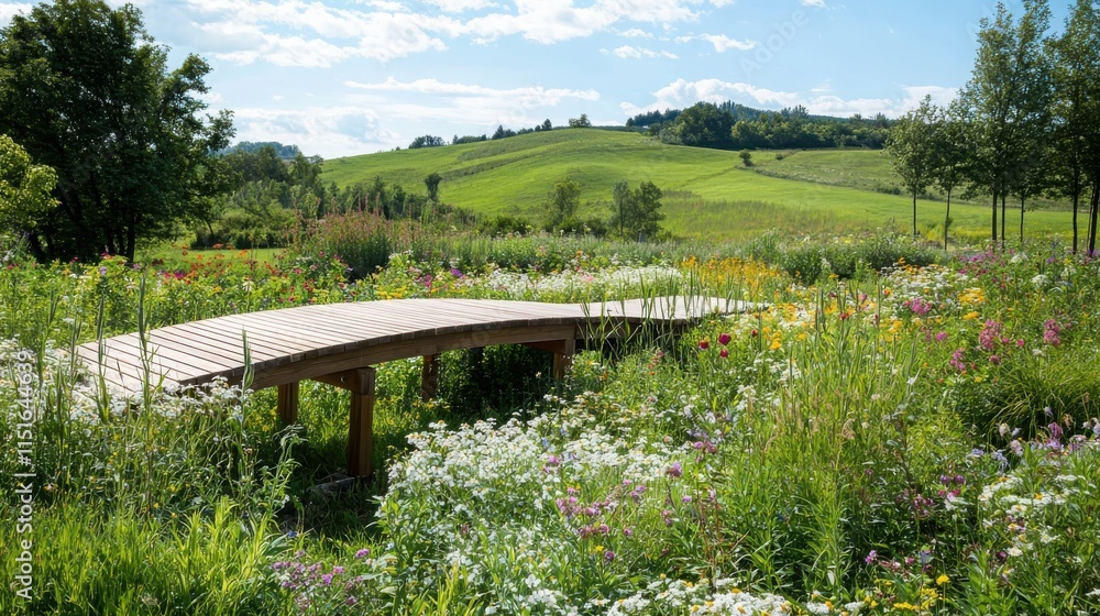 Summer flower meadow panorama with wooden bridge rolling hills vibrant natural lighting scenic landscape view Summer flower meadow panorama with wooden bridge rolling hills vibrant natural lighting scenic landscape view