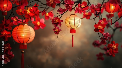 Digital Airbrushed Red Lanterns and Flowers: A China Punk Aesthetic
