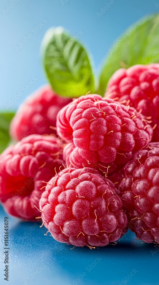 A pile of raspberries with leaves on a blue surface A pile of raspberries with leaves on a blue surface