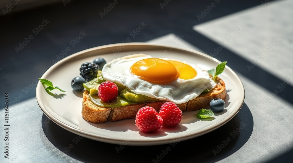 A vibrant breakfast toast topped with avocado slices, a sunny-side-up egg, blueberries, and strawberries, served on a white plate A vibrant breakfast toast topped with avocado slices, a sunny-side-up egg, blueberries, and strawberries, served on a white plate