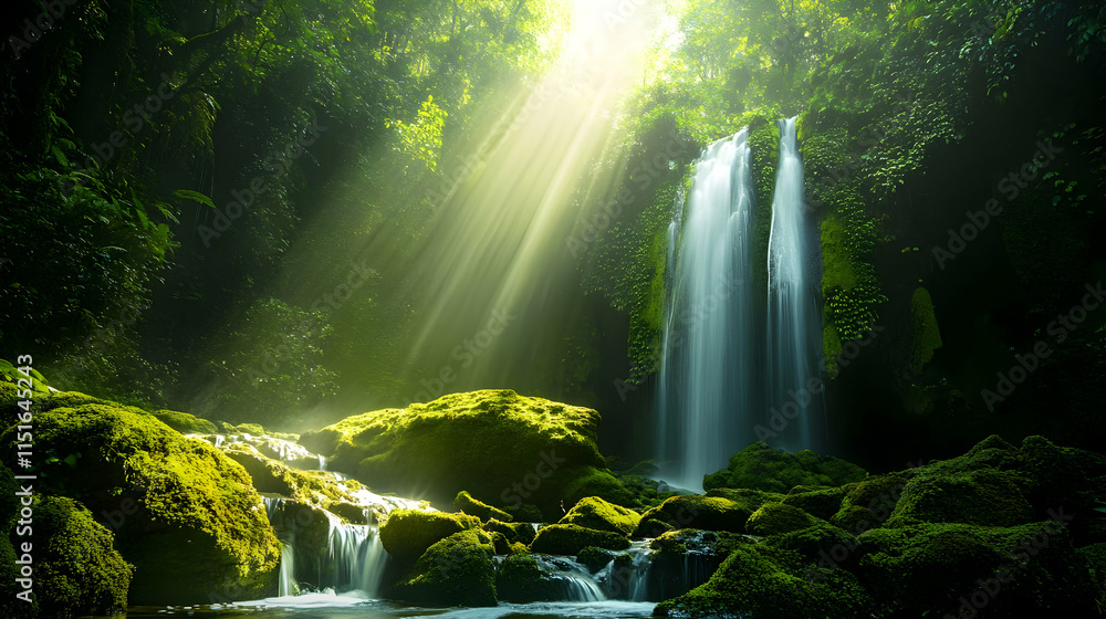 Sunlit Waterfall in Lush Forest: Serene Nature Photography Sunlit Waterfall in Lush Forest: Serene Nature Photography