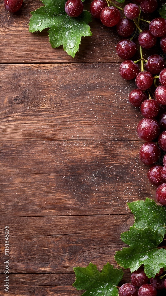 Fototapeta premium A bunch of red grapes with green leaves on a wooden table