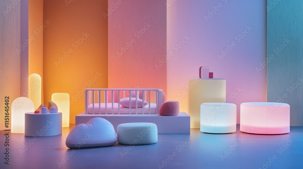 A contemporary nursery featuring soft, voice-activated lighting with pastel tones and modern furniture. A contemporary nursery featuring soft, voice-activated lighting with pastel tones and modern furniture.