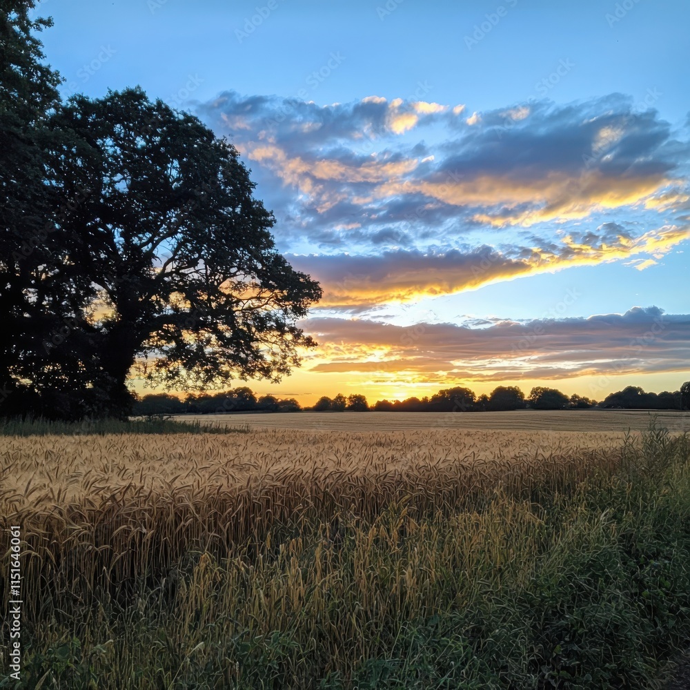 Fototapeta premium Golden wheat field at sunset serene landscape nature photography tranquil environment warm light and silhouetted trees