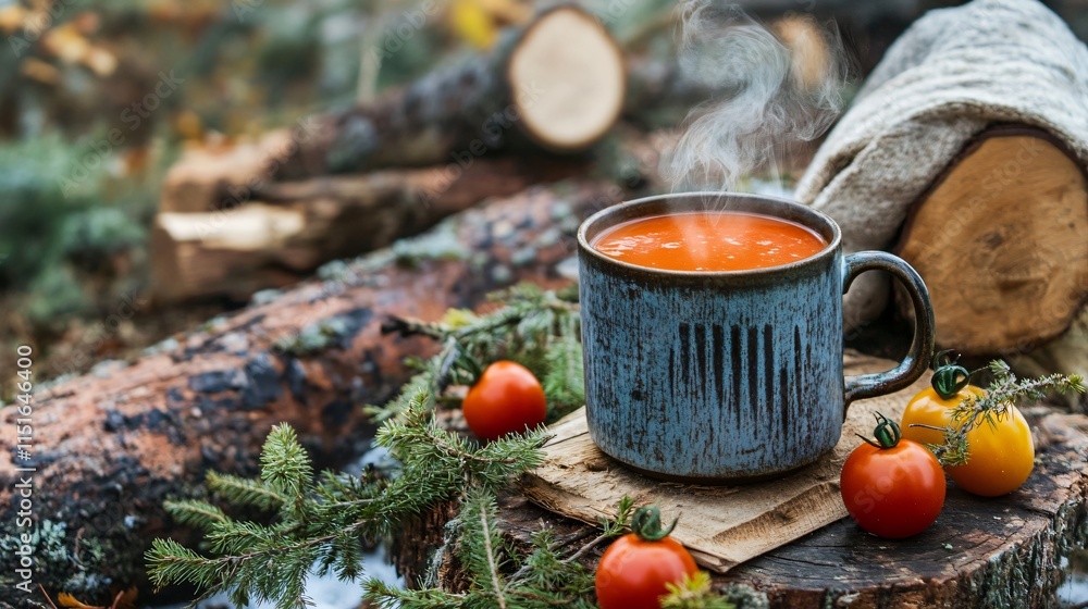 A cozy outdoor scene with tomato soup steaming in an old enamel mug, surrounded by natural elements and rustic wooden logs A cozy outdoor scene with tomato soup steaming in an old enamel mug, surrounded by natural elements and rustic wooden logs