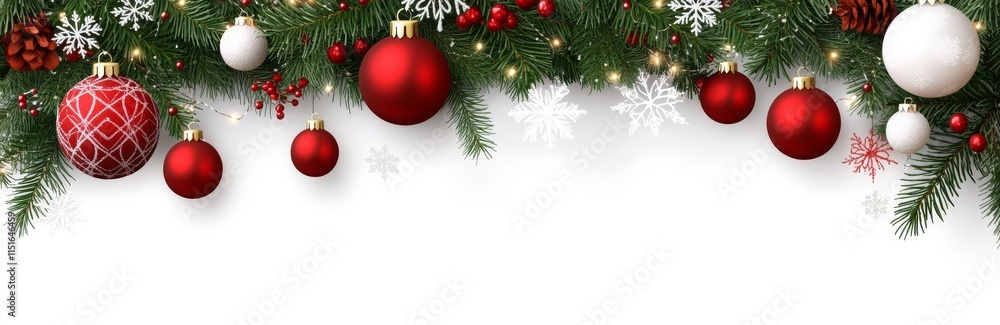 Festive Christmas Border Design with Red and White Ornaments, Pine Branches, and Sparkling Lights Festive Christmas Border Design with Red and White Ornaments, Pine Branches, and Sparkling Lights