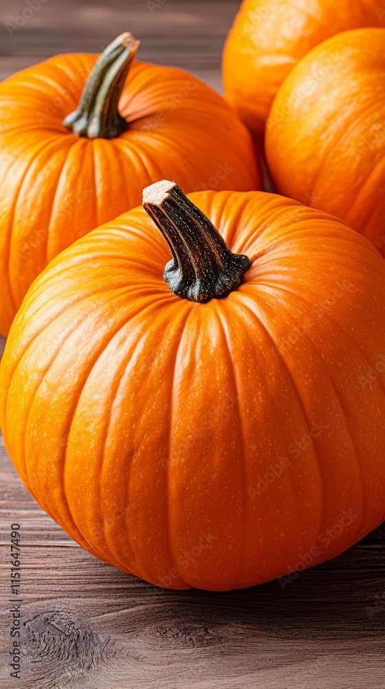 A group of orange pumpkins sitting on top of a wooden table A group of orange pumpkins sitting on top of a wooden table