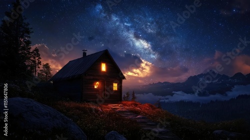 A cozy wooden hut glowing under a star-filled night sky, surrounded by a tranquil natural landscape