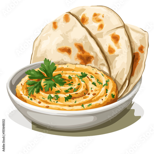 Traditional Pita Bread and Hummus Illustration