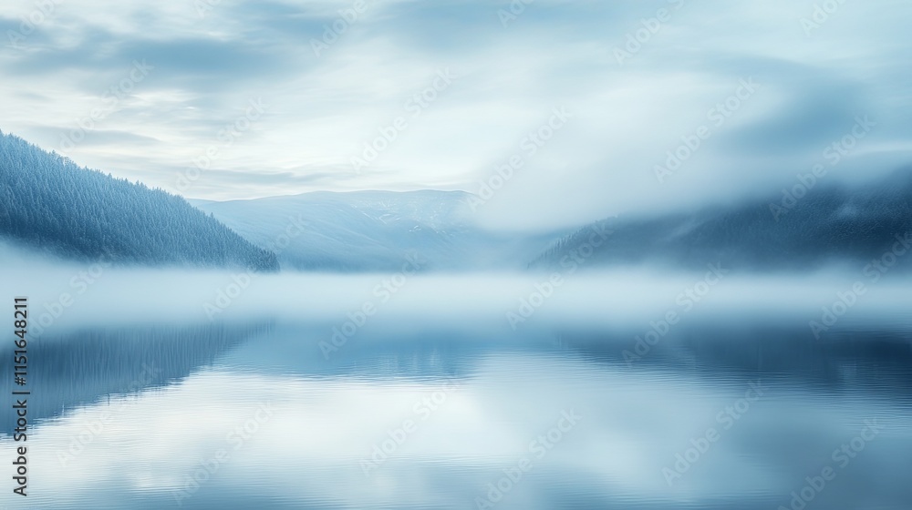Obraz premium A tranquil misty morning envelops a serene lake, mirroring the gentle fog and majestic mountains in the early dawn light, creating a picturesque natural landscape
