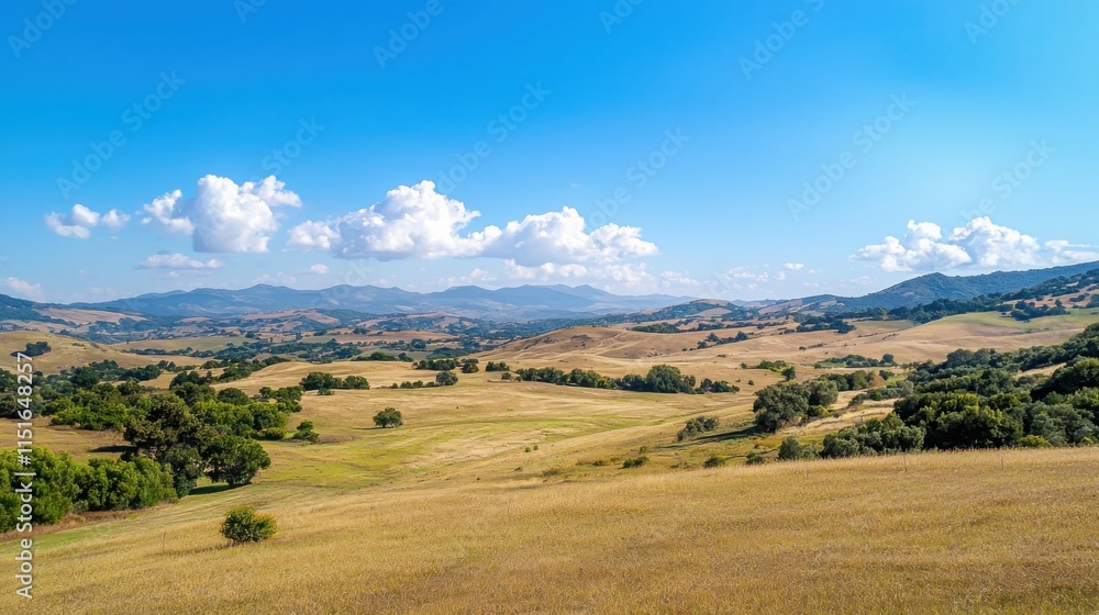 Obraz premium Golden wheat fields rolling hills under a clear blue sky serene nature landscape on a sunny day