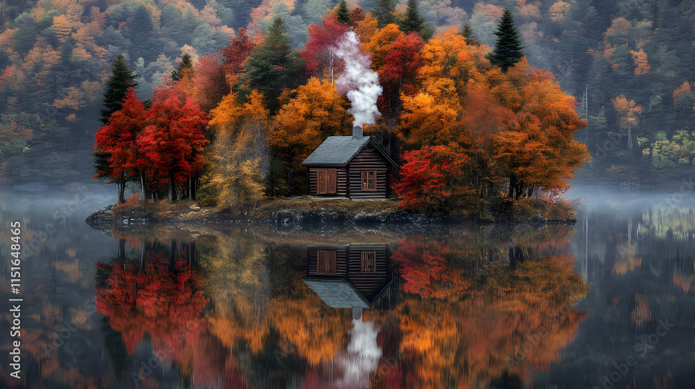 Obraz premium Secluded Log Cabin on a Misty Autumn Lake