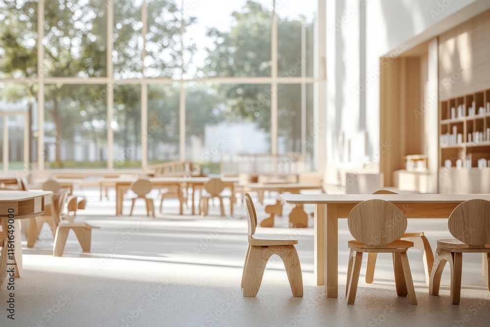 Fototapeta premium Bright classroom with wooden tables and chairs. Ideal for education, childcare, or learning concepts.