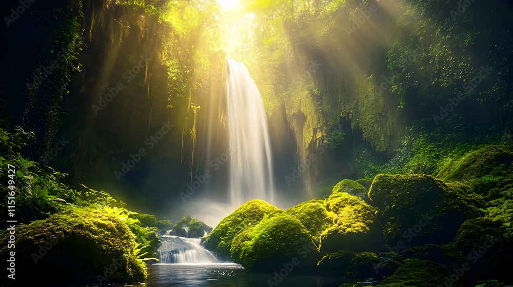 Sunlit Waterfall in Lush Forest: Serene Nature Scene Sunlit Waterfall in Lush Forest: Serene Nature Scene