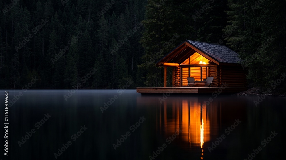 Fototapeta premium Cozy cabin by a serene lake at dusk.