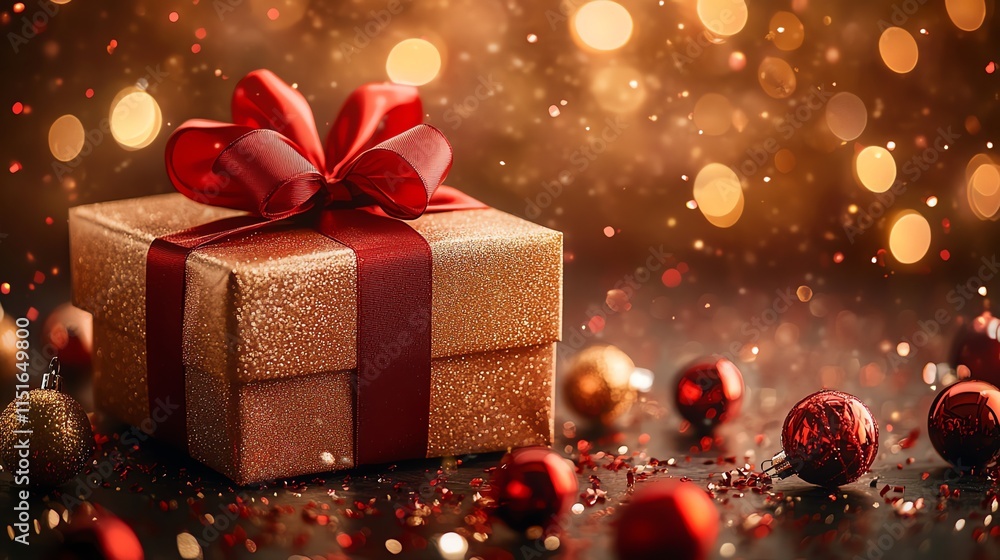 A luxurious gold gift, adorned with a rich red ribbon, sits amidst sparkling red and gold A luxurious gold gift, adorned with a rich red ribbon, sits amidst sparkling red and gold