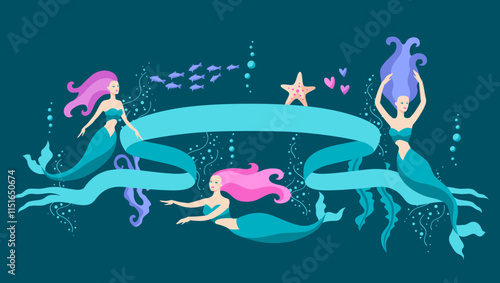 Background with mermaids. Image of underwater wonders or fabulous creations.