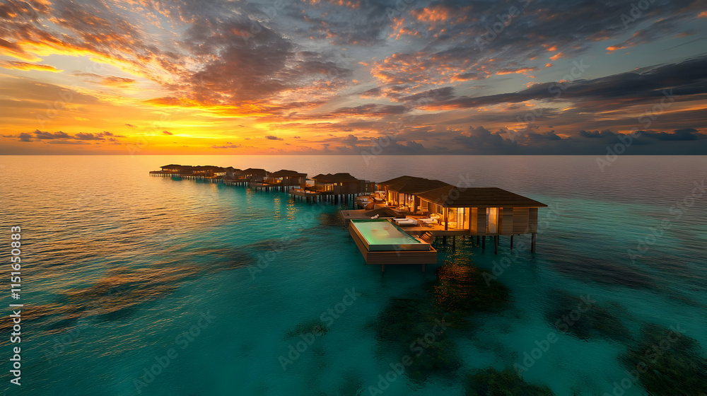 Luxury Overwater Bungalows in Maldives at Sunset Luxury Overwater Bungalows in Maldives at Sunset