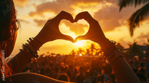 Fototapeta Naklejka Na Ścianę i Meble -  Hands forming heart shape against sunset at beach festival