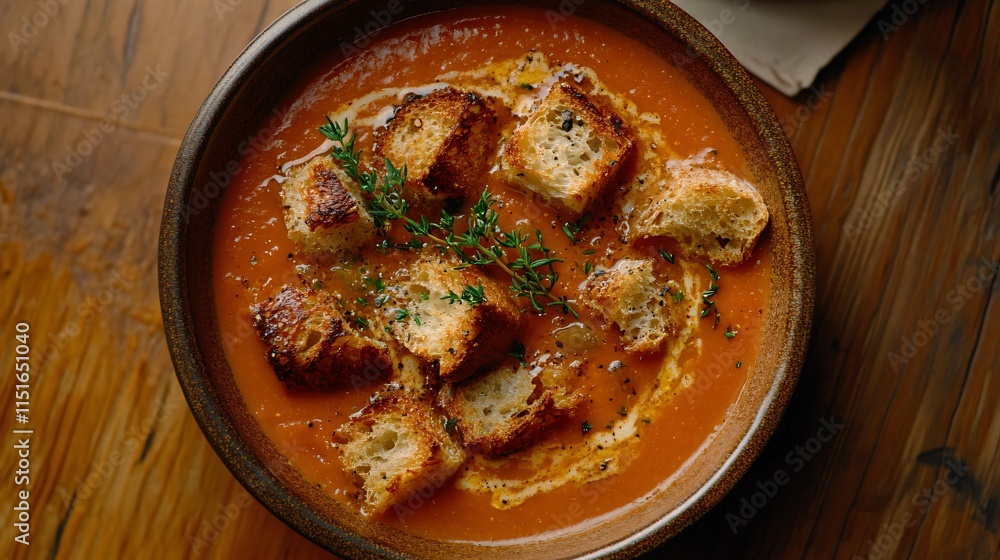 Top-down shot of rustic tomato soup with artisan bread croutons, garnished with fresh thyme and set against a warm wooden table Top-down shot of rustic tomato soup with artisan bread croutons, garnished with fresh thyme and set against a warm wooden table