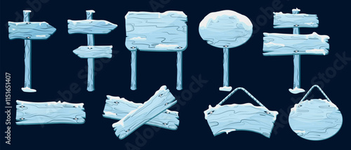Vector frost wooden sign boards set covered with snow. Wood icy road banners, hanging boards and direction arrow with snow caps. Snowy information boards, blank guideposts, direction pointers.